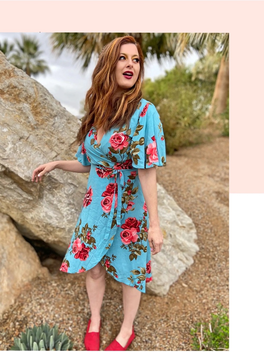 Sky Turquoise Midi Wrap Dress with Pink Rose Print